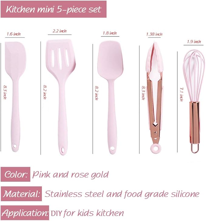 Rose Gold and Pink Kitchen Utensil Small Five-Piece Set Mini Silicone Kids Kitchen Tools Whisk Spatula Tongs Spoon and Slotted Spatula(Kids Baking Supplies)
