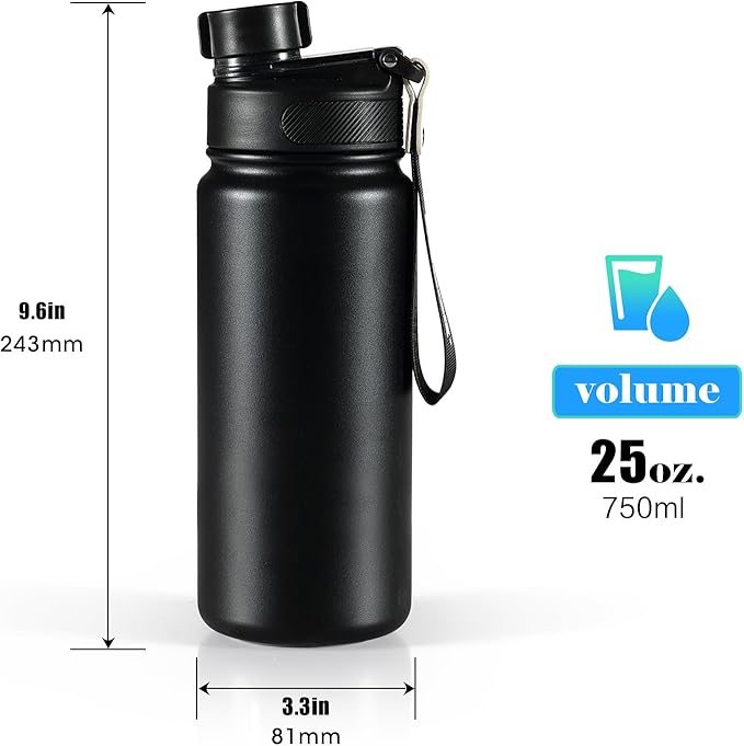 25 oz gym water bottle with straw, leak proof - men's/women's sports metal water bottle - double vacuum insulated stainless steel water bottle for gym, outdoors or traveling