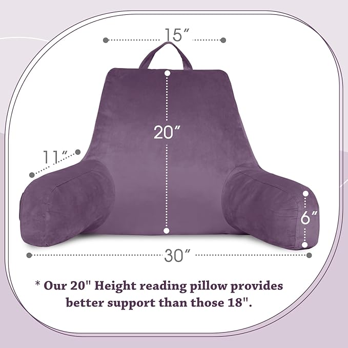 LOVTEX Reading Pillow with Removable Cover, Back Pillow for Sitting Up in Bed with Arms and Pockets, Bed Rest Pillow Adult, 20 x 15 Inches(Lavender)