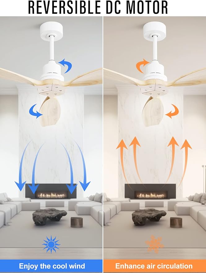 Sofucor 52" Ceiling Fan no Light with 3 rods, Outdoor Ceiling Fan without Light, Modern Ceiling Fan with Remote and Quiet Energy Saving Motor, 6 Speeds, Light Wood Blade & White Downrod