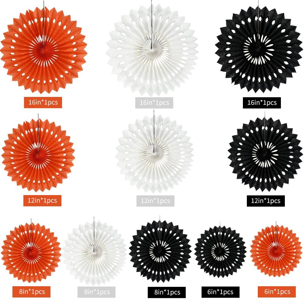 BEISHIDA Black Orange White Hanging Honeycomb Round Paper Fans Decoration Set for New Year Baby Shower Halloween Birthday Wedding Photo Booth Backdrops Anniversary Paper Party Supplies 11packs