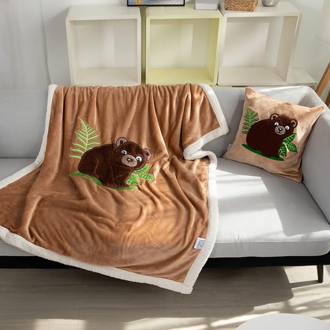 COSUSKET Kids Brown Bear Throw Blanket, 3D Animal Embroidery Sherpa Blanket Girls Boys Gifts