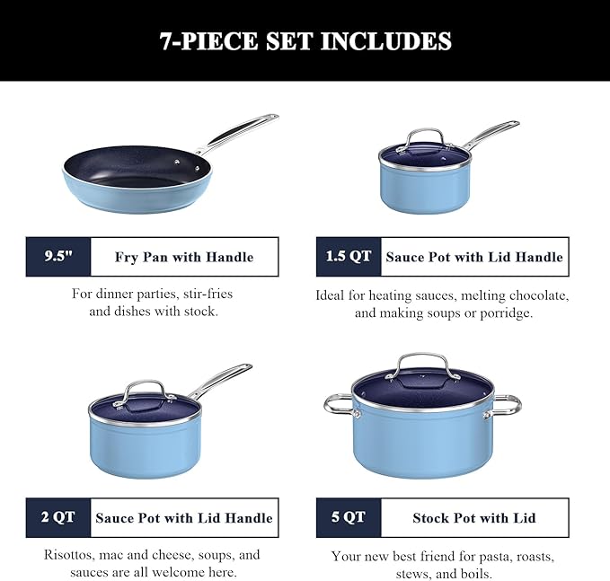 Nuwave 7pc Cookware Set Healthy Duralon Blue Ceramic Nonstick Coated, Diamond Infused Scratch-Resistant, PFAS Free, Oven Safe, Induction Ready & Evenly Heats, Tempered Glass Lids & Stay-Cool Handle