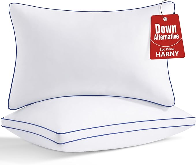 HARNY Bed Pillows for Sleeping, Standard Size Set of 2, Luxury Soft Hotel Quality and Supportive Down Alternative Microfiber Filled for Back, Stomach or Side Sleepers, Breathable & Skin-Friendly