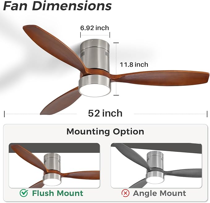Sofucor 52 Inch Low Profile Ceiling Fan with Lights Remote Control Wood Blades Reversible DC Motor Modern Ceiling Fan for Kitchen, Bedroom, Basement, Dining, Living Room, Dark wood