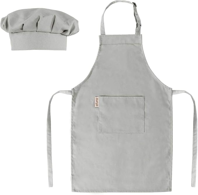 Kids Apron and Chef Hat Set-Adjustable Child Apron for Boys and Girls for Cooking Baking Light Gray