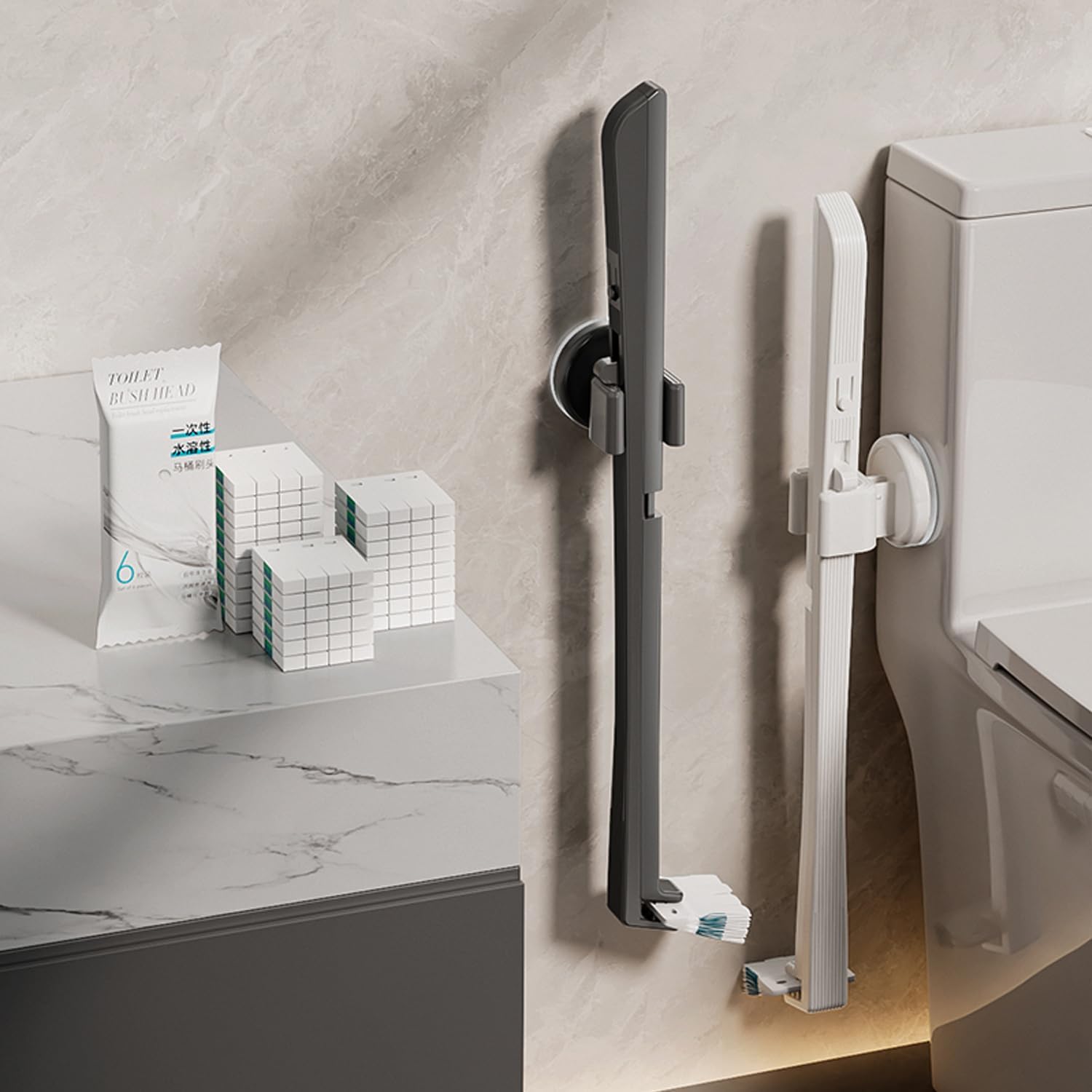 Disposable Toilet Brush with Replaceable Heads, Wall-Mounted Holder, Hygienic Bathroom Cleaning Tool (WhiteToilet Brush + 18 Refills)