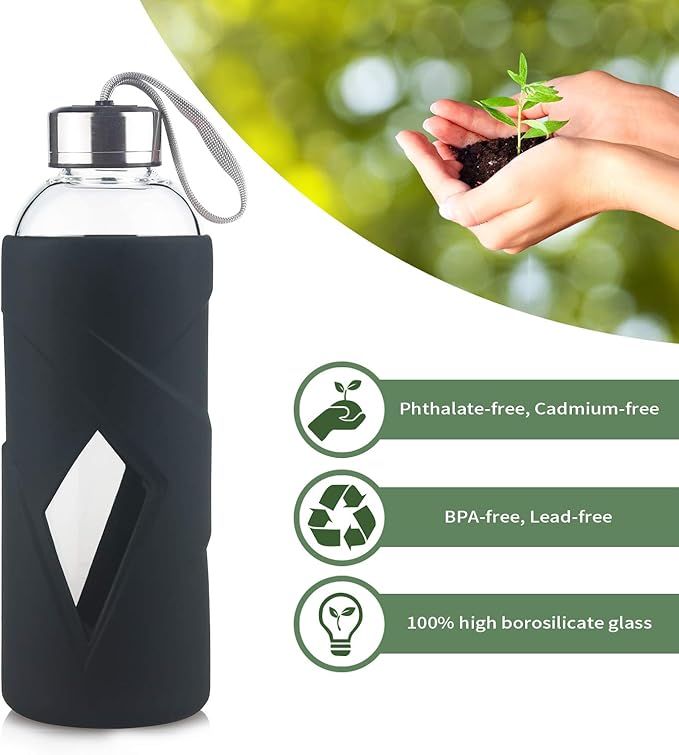 32 oz Borosilicate Glass Water Bottle BPA Free Reusable Glass Drinking Bottle with Silicone Sleeve and Stainless steel Lid
