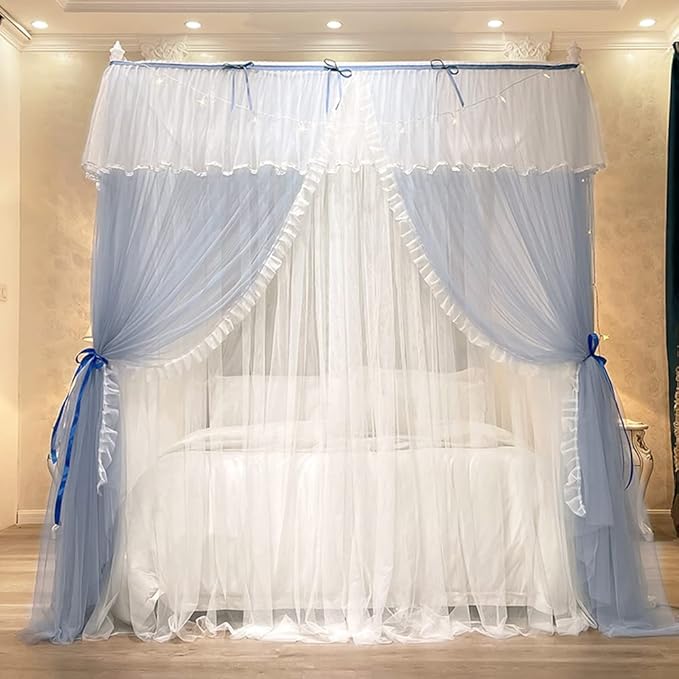 Mengersi Canopy Bed Curtains with Lights,4 Corner Bed Canopy Royal Luxurious Bed Drapes Netting,Princess Bed Curtains for Girls Adults Bedroom Decoration (Gray Blue, Twin)