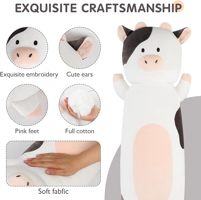 36 inch Milk Cow Stuffed Animal, Soft Long Cuddle Squishy Pillow, Cute Cow Print Body Pillow Plushies Toy Gift for Kids, Boys Birthday,Valentine,Easter