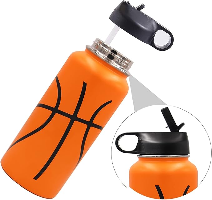 32 oz Basketball Water Bottle,Sports Flask with 2 Lids Straw Lid & Flex Cap,18/8 Stainless Steel Travel Tumbler Double Wall Vacuum Insulated Hot/Cold Gift for Mom Men (32oz, Basketball)