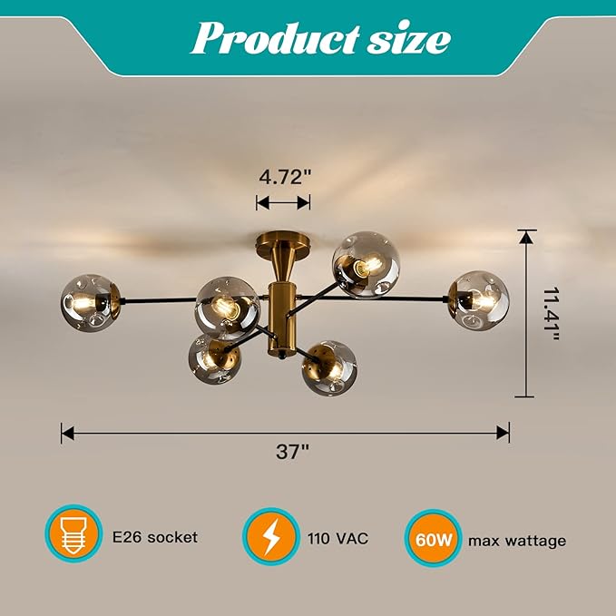 Modern Semi Flush Mount Ceiling Light Fixture 6-Light Sputnik Gold Chandelier with Glass Globe Mid Century Ceiling Lighting for Dinning Room Farmhouse Kitchen Bedroom Living Room.