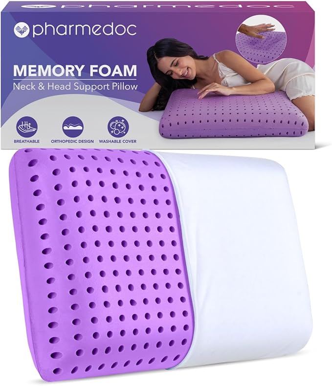 Pharmedoc Cooling Memory Foam Bed Rest Pillows, 1 Pack, Ventilated Lilac Dreamer, Reading, Standard, Back and Side Sleeper Support, Sleeping Pillows for Adults