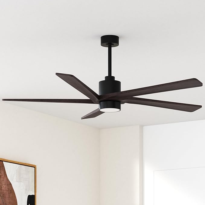 WINGBO 54 Inch DC Ceiling Fan with Lights and Remote Control, 5 Reversible Carved Wood Blades, 6-Speed Noiseless DC Motor, Modern Ceiling Fan in Matte Black Finish with Walnut Blades, ETL Listed