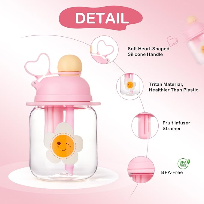 27oz Toddler Water Bottle, Tritan Sports Water Bottle with Straw, Plastic Water Bottle with Soft Strap, Kids Water Bottle for School, Includes Fruit Infuser Strainer, Leak-Proof, BPA Free, Pink