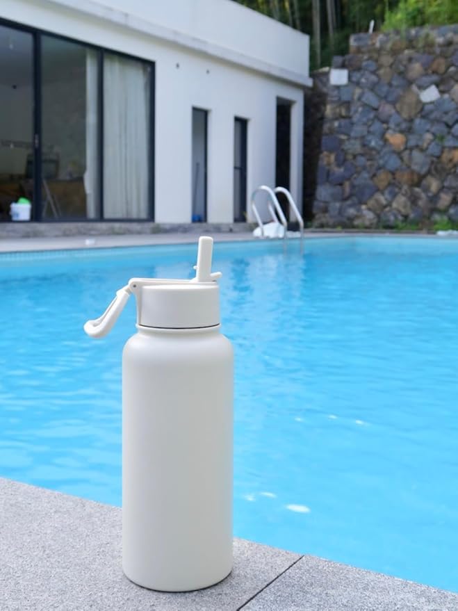 32 oz Insulated Water Bottle with Paracord Handles & Strap, 2 Lids(Straw Lid&Spout Lid), Stainless Steel Reusable Wide Mouth Metal Water Bottle With Straw, Double Walled, Thermo Mug（Cream)