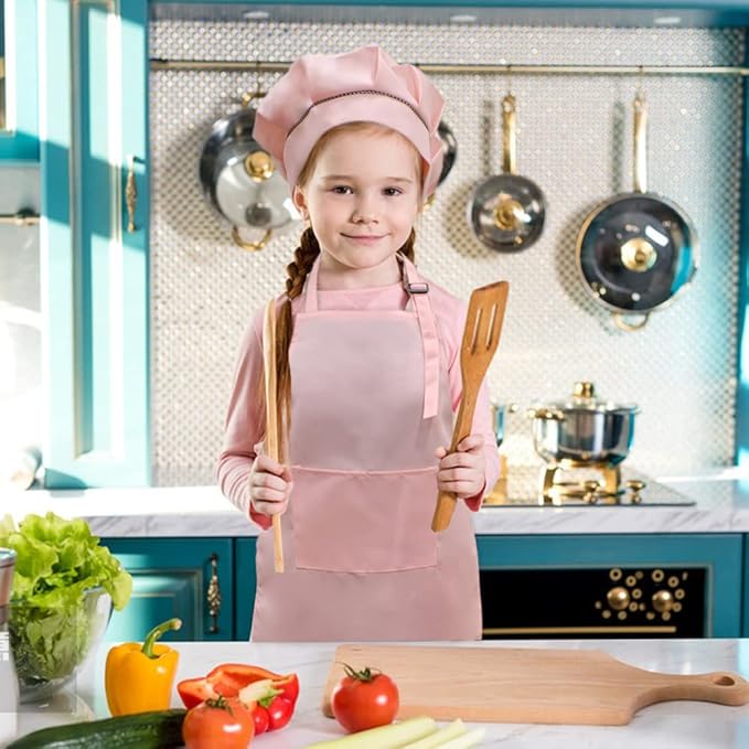 SUNLAND Kids Apron and Hat Set Children Chef Apron for Cooking Baking Painting