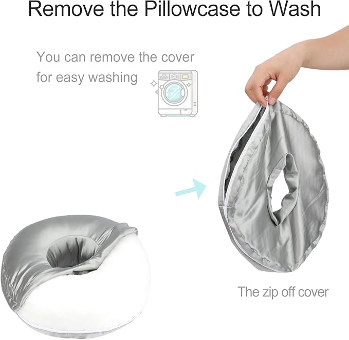 Silky Ear Piercing Pillows with Holes Removable Pillowcase Washable Donut Pillow for Ear Pain Side Sleeping Cartilage CNH Pressure Sore Tinnitus Headphones Relief Guard Protector Gray