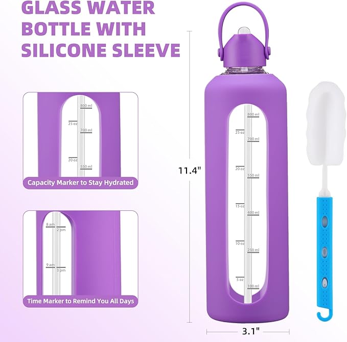 32 oz Glass Water Bottles with Straw Borosilicate Glass Water Bottle with Time Marker Motivational Water Bottles with Silicone Sleeve Leak Proof Reusable BPA Free