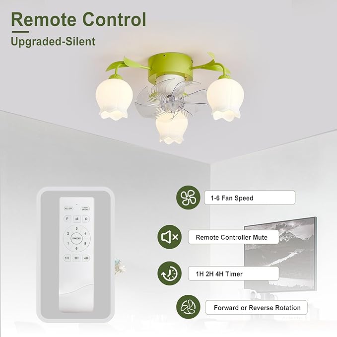 Flower Ceiling Fan with Light: Green Flower Fan Lights for Girls Bedroom - Flush Mount Fandelier for Living Room - 3-Light Modern Chandelier with Fan for Home Decor Enthusiasts
