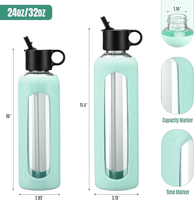 24oz Glass Water Bottle With 2 Lids-Flip Straw Lid, Bamboo Lid, Glass Water Bottle With Silicone Sleeve, Motivational Time Marker, Glass Juice Bottle for Cold Drink,Light Blue