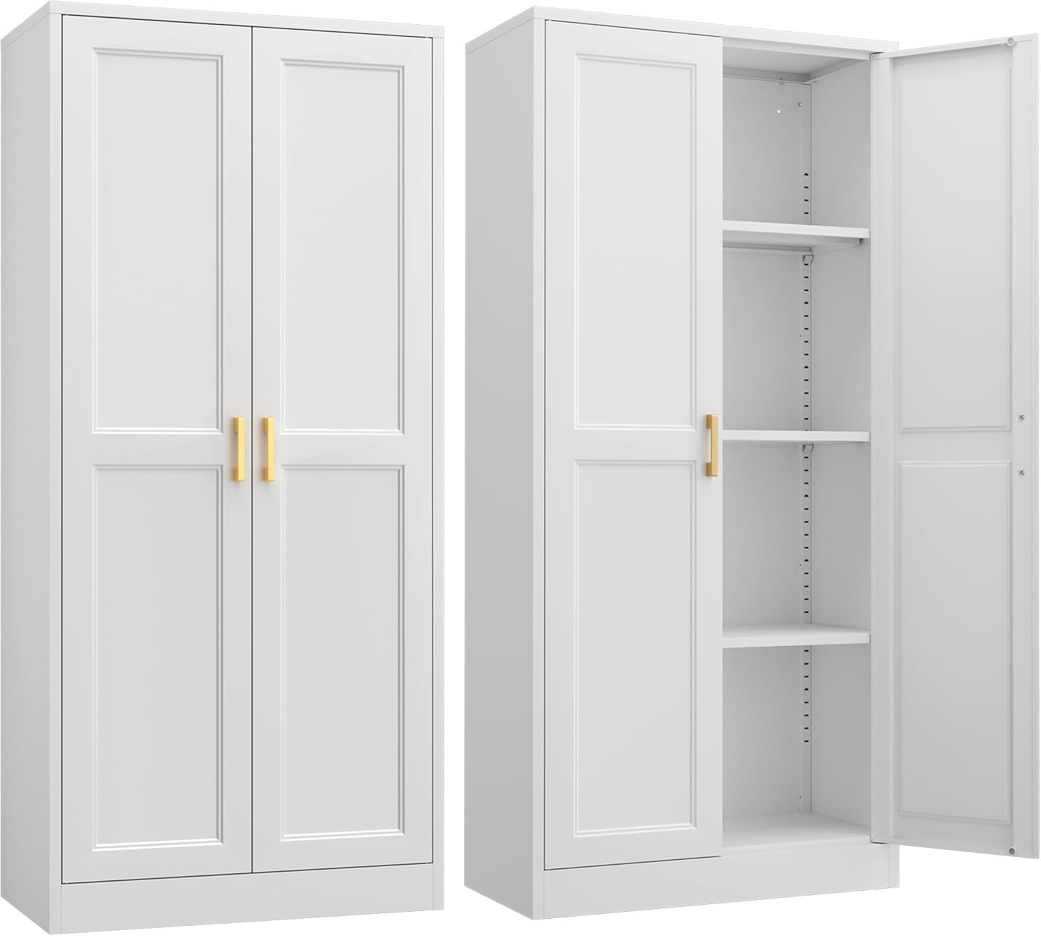 Kitchen Cabinet Storage,60”Metal Pantry Cabinet with Doors and 3 Adjustable Shelves,Food Pantry Cabinets with 2 Gold Handles,White Tall Storage Cabinet for Livingroom,Pantry,Bathroom,Kitchen