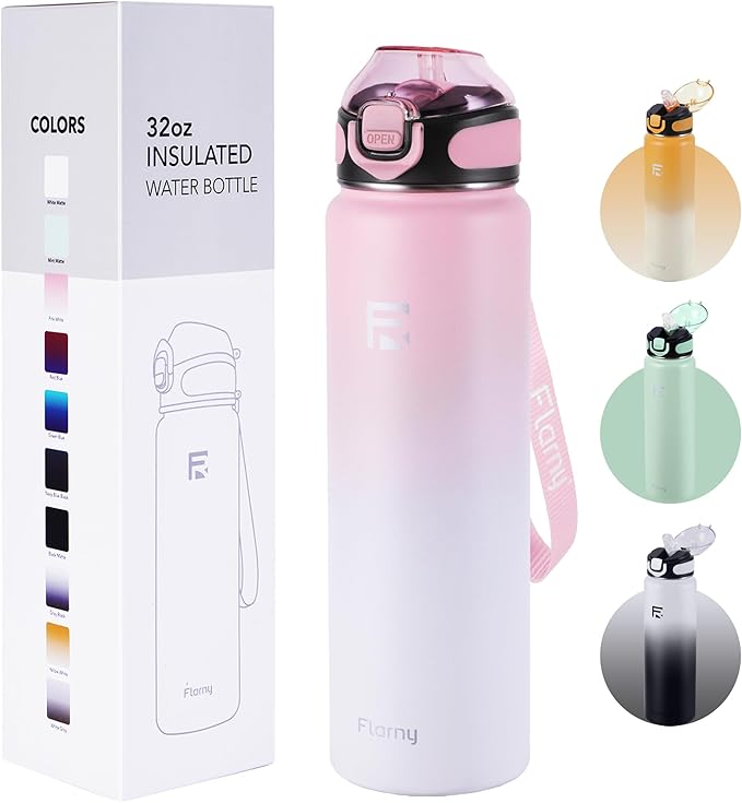32 oz Insulated Water Bottle with Straw, Stainless Steel Metal Thermos Bottles, Durable Non-Slip Gradient Bottle with Strap for Sports and Travel, Leak Proof (Pink White)
