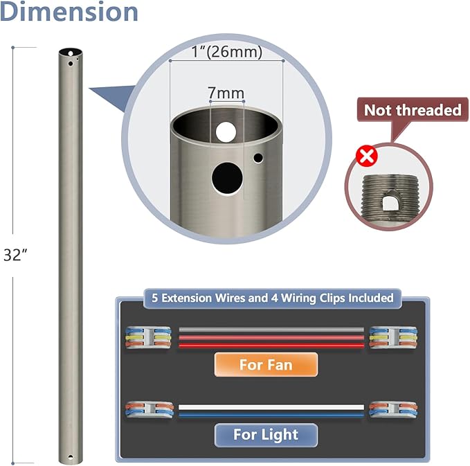 32" Ceiling Fan Downrod, 【1 Outside Diameter】 Brushed Nickel Extended Downrod, including 4 Wire Connectors and 5 Extension Wires (No Threads)