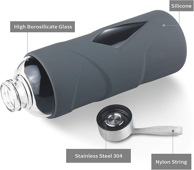 32 oz Borosilicate Glass Water Bottle BPA Free Reusable Glass Drinking Bottle with Silicone Sleeve and Stainless steel Lid