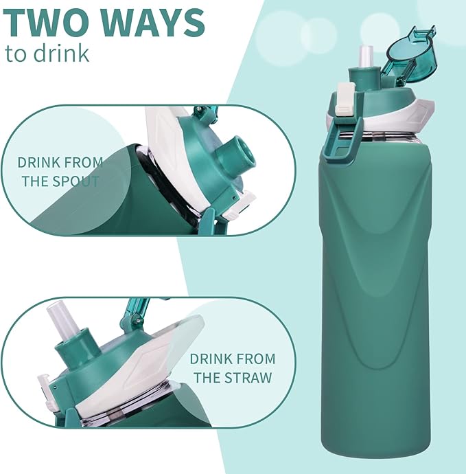 32 oz Sports Glass Water Bottle with Straw & Silicone Sleeve Reusable BPA-free Borosilicate Glass Drinking Bottle with Flip Top Lid & Handle Wide Mouth (Deep Green)