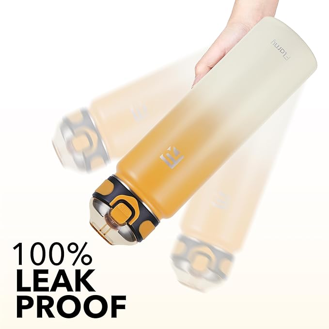 32 oz Insulated Water Bottle with Straw, Stainless Steel Metal Thermos Bottles, Durable Non-Slip Gradient Bottle with Strap for Sports and Travel, Leak Proof (Yellow White)