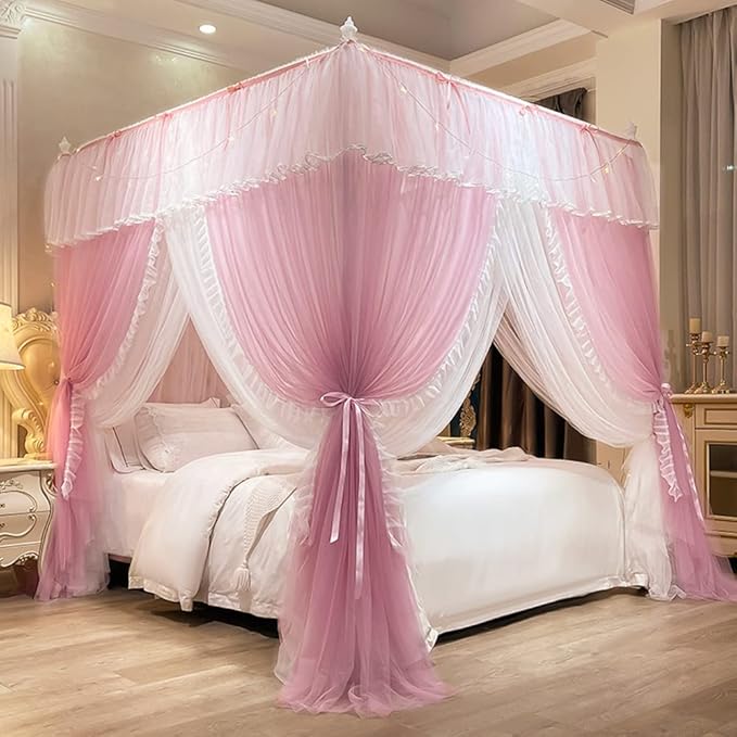 Mengersi Canopy Bed Curtains with Lights,4 Corner Bed Canopy Royal Luxurious Bed Drapes Netting,Princess Bed Curtains for Girls Adults Bedroom Decoration (Pink, California King)