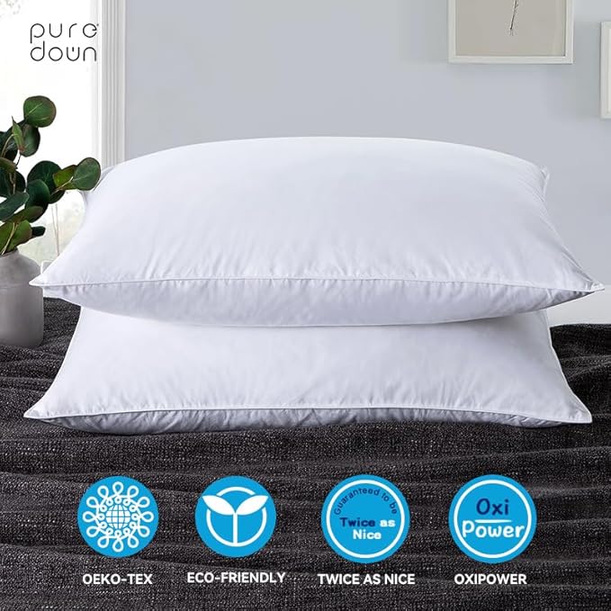 puredown® Goose Feather Down Blend Soft and Flat Pillow for Sleeping Cotton Cover, Queen Size, Set of 2