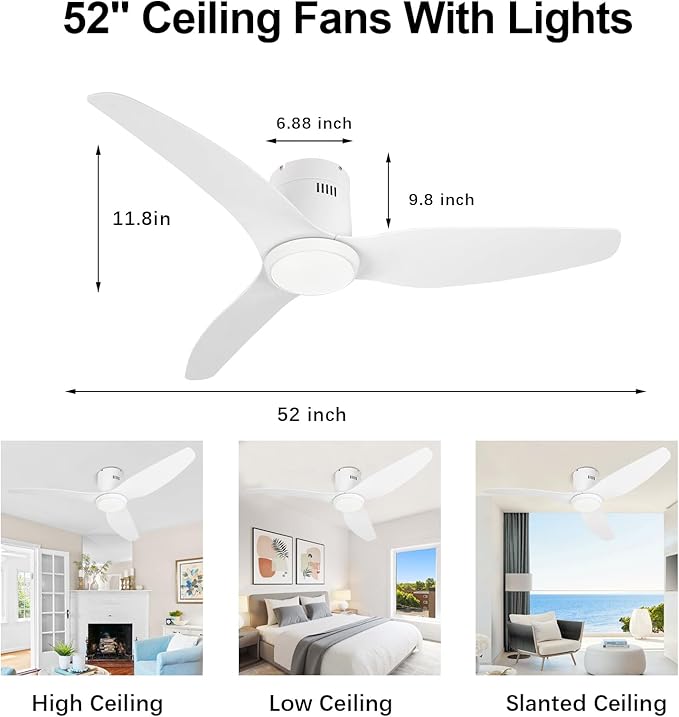 White Ceiling Fan with Light Remote 52in 6Speed Silent Reversible Motor 3CCT Dimmable LED Flush Mount Low Profile Fan Timer Memory Function Modern Plastic Blade Vacation Mode Indoor Outdoor