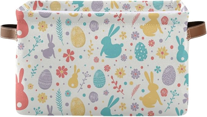 Happy Easter Day Eggs Bunny Storage Basket Fabric Laundry Baskets Easter Rabbit Peeps Spring Flowers Storage Boxes Organizer Bag for Baby Cloth Toy Book Storage Cubes Shelf Closet Bins 16×12×8 Inches