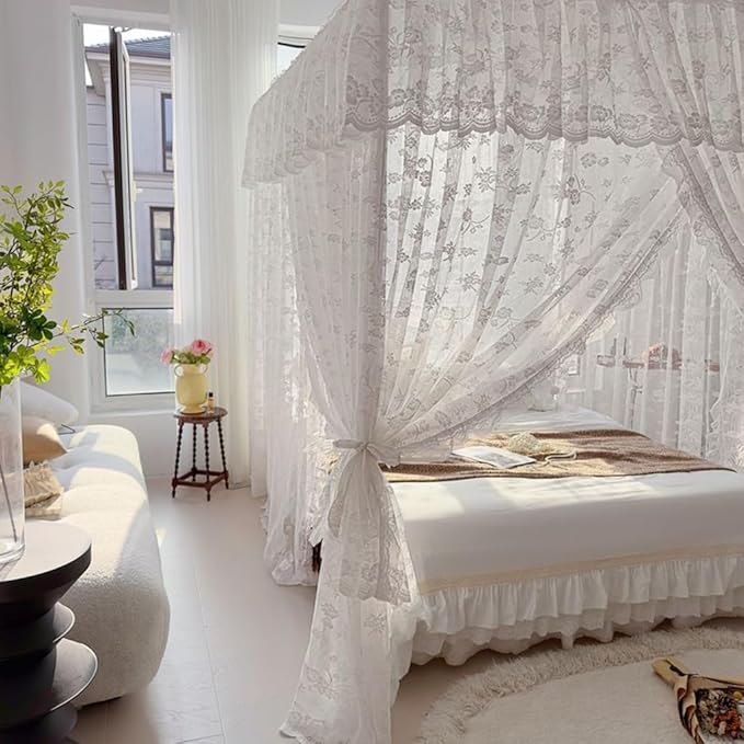 Elegant Princess 4 Corner Post Mosquito Net Romantic for Girls Women Bed Curtain Canopy for Adult Wedding Bedroom Kids Rooms Decoration (Type2-Beige-White, Queen)