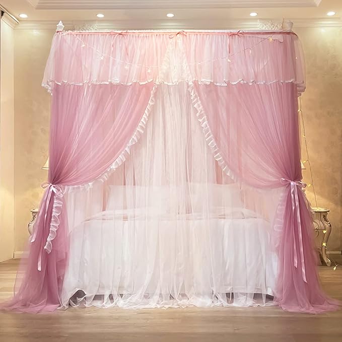 Mengersi Canopy Bed Curtains with Lights,4 Corner Bed Canopy Royal Luxurious Bed Drapes Netting,Princess Bed Curtains for Girls Adults Bedroom Decoration (Pink, Twin)
