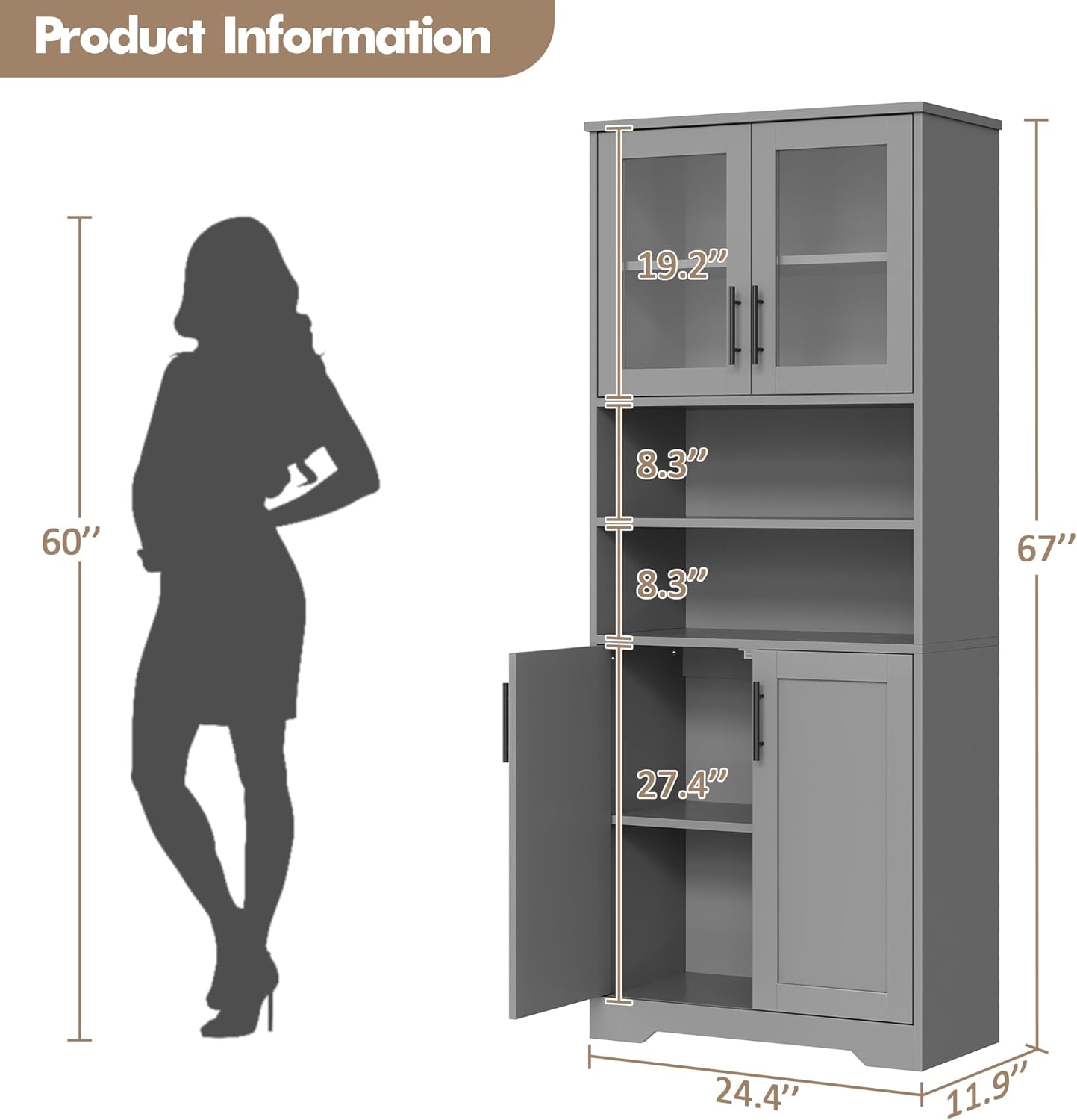 GarveeHome 67" Tall Storage Cabinet, Tall Bathroom Cabinet with Glass Doors and Adjustable Shelves, Freestanding Kitchen Pantry Cabinets, Cupboard for Living Room, Dining Room, Gray