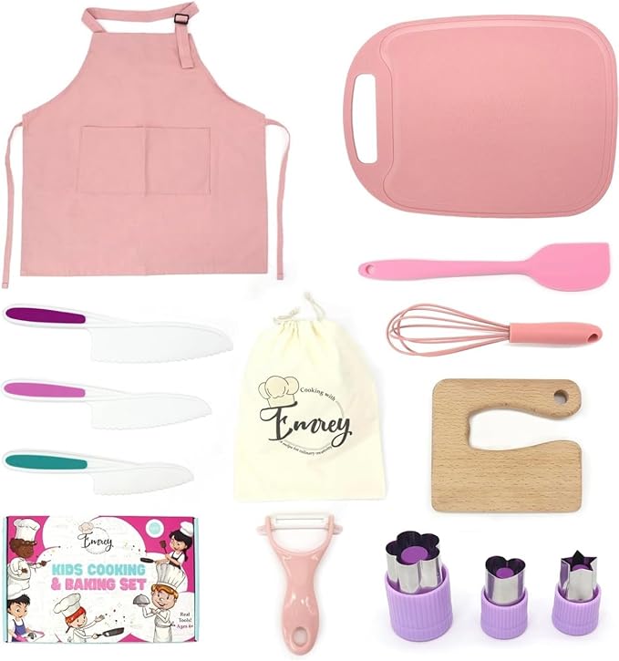 EMREY 13 Pieces Montessori Kids Cooking and Baking Set - Kids Knife Set for Real Cooking, Durable Kids Cutting Board, Knife Set, Silicone Spatula, Whisk, Cookie Cutters, Kids Apron, Toddler Kitchen