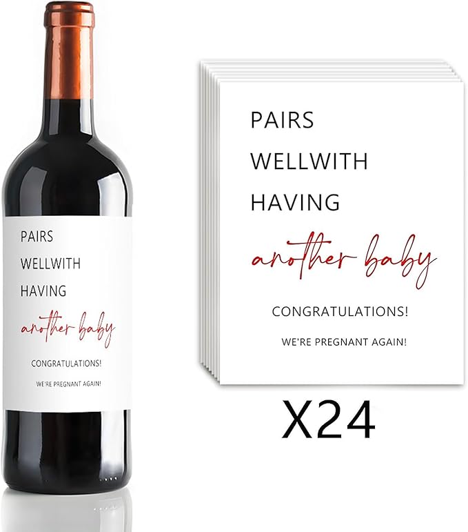 24 Pcs Funny Second Baby Announcement Wine Labels Pregnancy Announcement Wine Bottle Stickers Pairs Well With Having Another Baby Bottle Labels Pregnancy Announcements Gifts