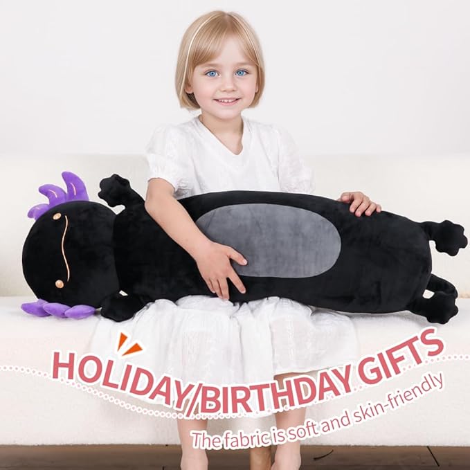 36" Giant Black Axolotl Stuffed Animal, Cute Soft Long Axolotl Plush Body Squishy Pillow Big Plushies Toy, Gift for Kids, Boys, Halloween, Christmas, Thanksgiving, Birthdays