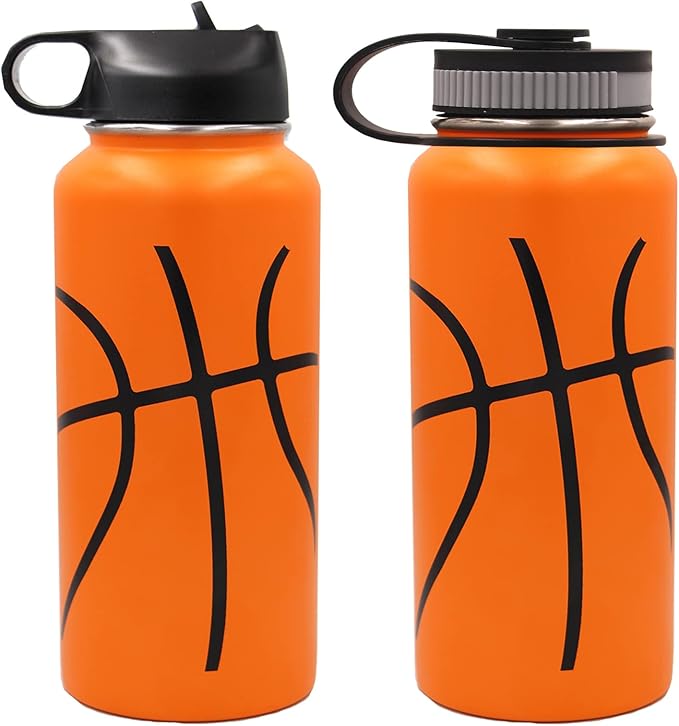 32 oz Basketball Water Bottle,Sports Flask with 2 Lids Straw Lid & Flex Cap,18/8 Stainless Steel Travel Tumbler Double Wall Vacuum Insulated Hot/Cold Gift for Mom Men (32oz, Basketball)