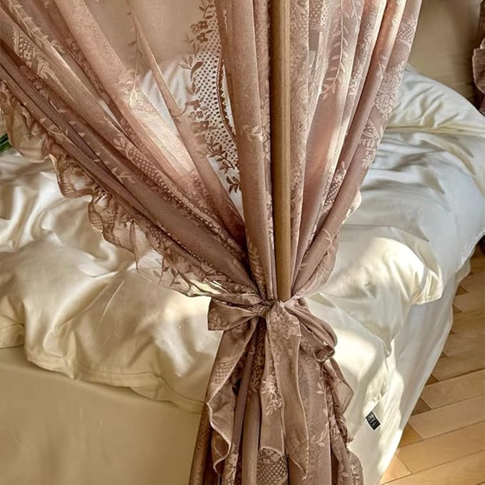 Elegant Lace Princess 4 Corner Post Mosquito Net Romantic for Girls Women Bed Curtain Canopy for Adult Wedding Bedroom Kids Rooms Decoration (Coffee, California King)