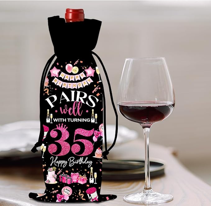 35th Birthday Gifts for Women Men Wine Bags, 35 Year Old Birthday Gifts for Women Men, Happy 35th Birthday Party Decorations for Women Men, Pairs Well with Turning 35 Wine Bags (Black Pink)