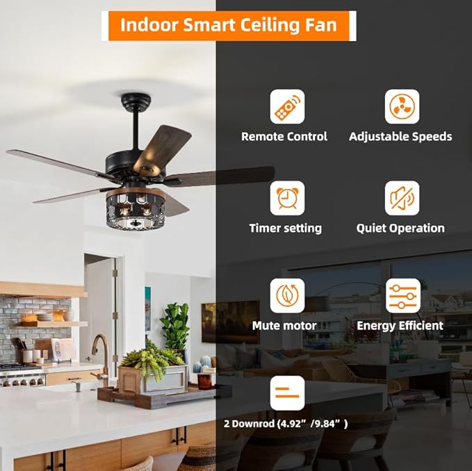 NicBex Ceiling Fan 52 Inch Ceiling Fan with Lights Vintage Ceiling Fans with 5 Blades and Remote Control Ceiling Fan with Round Lamp Shade for Bedroom, Living Room, Matte Black