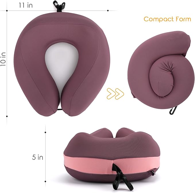 Travel Neck Pillow Premium Memory Foam, Head Chin Support, Adjustable Length for Comfort. Airplane Travel Kit with Contoured Eye Mask, 3-Layer Earplug and Travel Bag (Mulberry Purple)