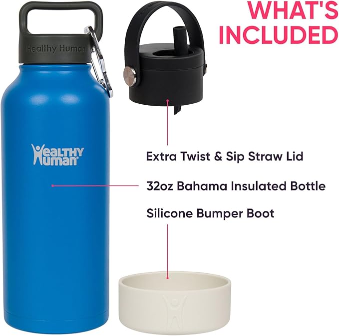 32oz Healthy Human Bottle Bundle with Insulated Bottle, Straw Lid & Bumper Boot - 32oz Bahama Blue