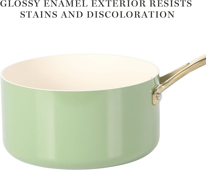 Martha Stewart Galway Premium Nonstick PFA Free Ceramic Interior 10 Piece Heavy Gauge Enamel Aluminum Pots and Pans Cookware Set W/Aluminum Lids - Sage Green W/Gold Handle