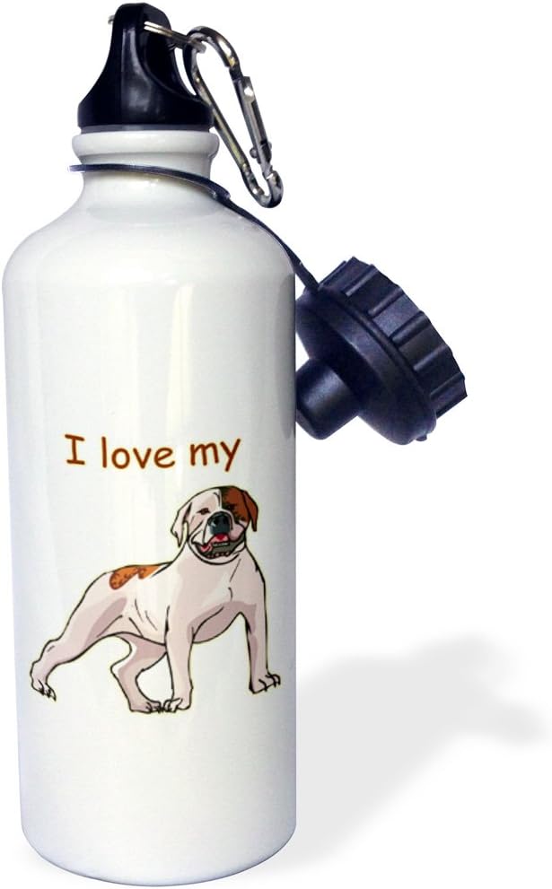 3dRose "Cute and Cuddly Canine I Love My American Bulldog" Sports Water Bottle, 21 oz, White