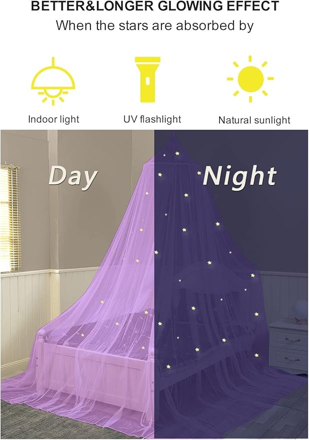 Bed Canopy for Girls, Glowing Stars Bed Curtain Draperies Romantic Mosquito Net for Baby, Kids, Adult (Purple)